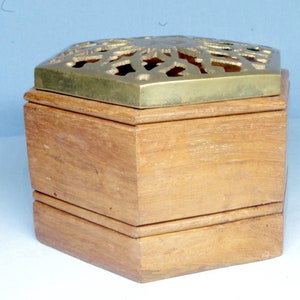 Vintage Hexagonal Jewerly Wooden Box With Brass Lid