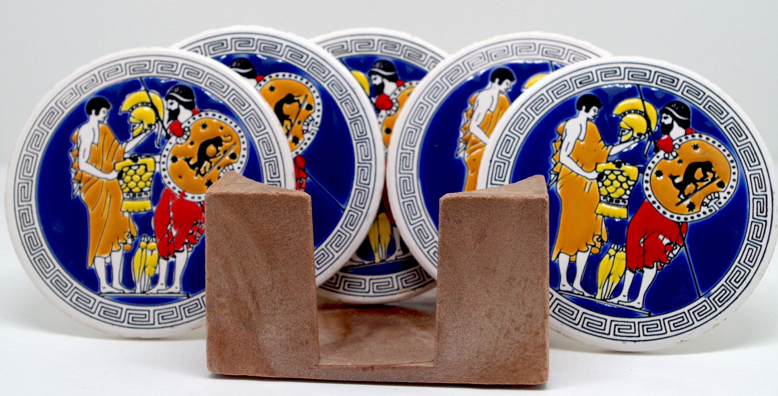 Set of 5 Greece Ceramic Round Coasters With Stand Etsy Australia