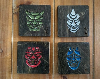 Demon/ Hannya Mask Coasters: Laser Cut Wood with Epoxy Resin