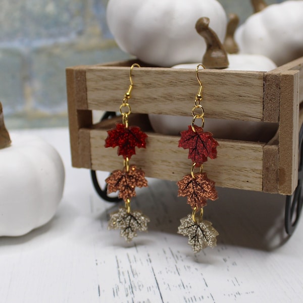 Glitter Fall Leaf Dangle Earrings - Red, Orange and Gold Leaf Earrings - Fall Earrings - Statement Earrings - Gift Under 20