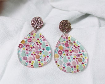 Easter Dangle Earrings - Teardrop Earring - Easter Bunny Earrings - Floral Earrings