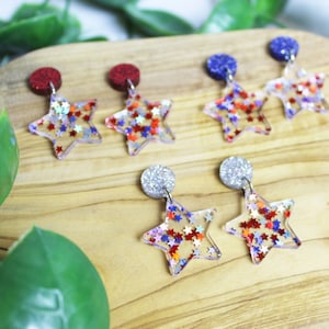 Glitter Star Dangle Earrings - Red, White and Blue Star Earrings - Holographic Patriotic Earrings - 4th of July Earrings - Star Patriotic
