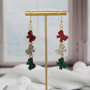 Glitter Christmas Bow Dangle Earrings: Sterling Silver Hooks