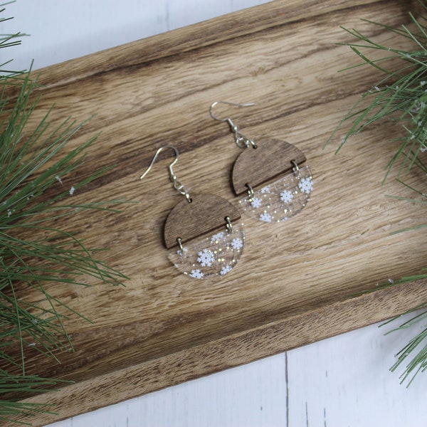 Snowflake Wood and Acrylic Earrings - Snowflake Accessory - Snowflake Earrings - Statement Earrings - Stocking Stuffer - Gift Under 20