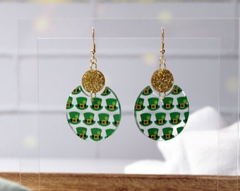 Customizable St. Patricks Day Leprechaun Dangle Earrings - Leprechaun Hat Dangle Earring - Crescent & Circle Earring