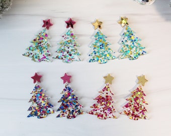 Glitter Christmas Tree Dangle Earrings - Holiday Earrings - Confetti Christmas Earrings - Stocking Stuffer - Gift Under 20