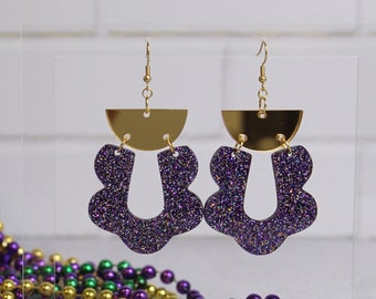 Purple and Gold Scalloped Mardi Gras Dangle Earrings - Mardi Gras Dangle Earring - Carnival Dangle Earring- Statement Earring