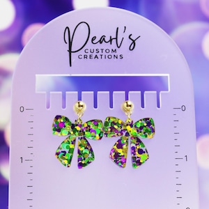 Mardi Gras Glitter Dot Bow Dangle Earrings - Glitter Mardi Gras Dangle Earring - Carnival Dangle Earring- Statement Earring