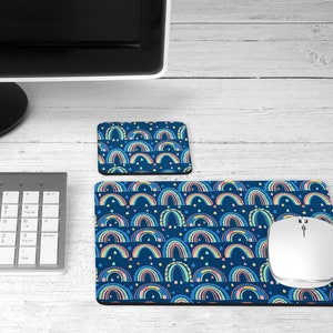 Rectangle Navy Rainbow Mouse Pad - Round Navy Rainbow Mouse Pad - Mouse Pad and Coaster Set - Desk Set - Gift Under 20