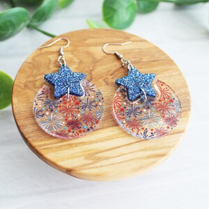 Patriotic Acrylic Dangle Earrings: Star & Firework 4th of July