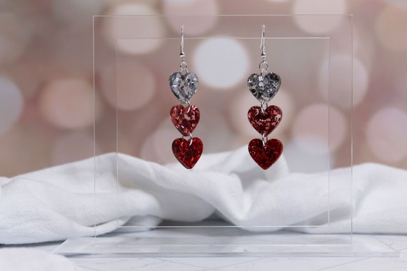 Chunky Glitter Heart Dangle Earrings Silver, Rose Gold and Red Heart Dangle  Earring Statement Earring Valentines Day Earrings 