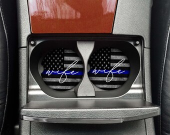 Thin Blue Line Car Coasters: Police Wife Gift, American Flag - Set of 2
