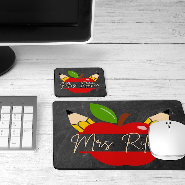 Personalized Teacher Mouse Pad - Apple Mouse Pad - Chalkboard Mousepad - Mouse Pad and Coaster Set - Desk Set - Gift Under 20