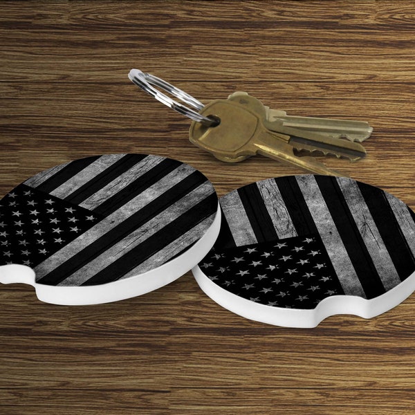 Grey American Flag Car Coasters - Patriotic Car Coaster - Set of 2 Car Coasters - Stocking Stuffer - Gift Under 10 - Father's Day Gift