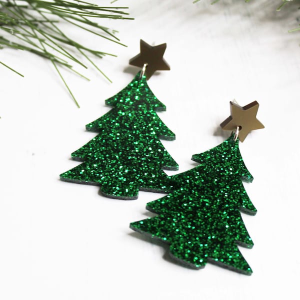 Christmas Tree Dangle Earrings - Holiday Earrings - Glitter Christmas Tree Earrings - Statement Earrings - Stocking Stuffer - Gift Under 20
