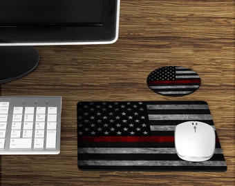 Thin Red Line American Flag Mouse Pad - Mouse Pad and Coaster Set - Desk Set For Him - Desk Set for Her - Firefighter - Gift Under 20