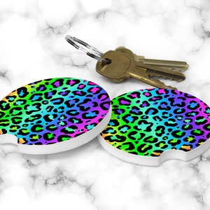 Bright Rainbow Leopard Print Car Coasters - Set of 2 Car Coasters - Car Accessory - Mother's Day Gift - Gift Under 10 - Gift for Her