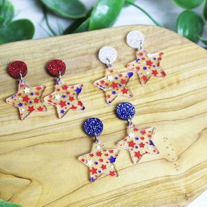 Star Confetti Dangle Earrings - Red, White and Blue Star Earrings - Star Patriotic Earrings - 4th of July Earrings - Statement Earrings