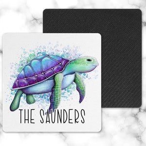 Personalized Purple Sea Turtle Drink Coaster - Personalized Round Drink Coaster - Personalized Square Drink Coaster - Coastal Drink Coaster