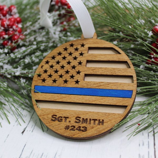 Personalized Thin Blue Line Ornament - Police Ornament - Police Officer - First Responder Christmas Gift - Wood Ornament - Gift Under 15