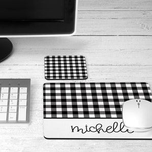 Personalized Black and White Buffalo Plaid Mouse Pad - Farmhouse Style Desk Set - Mouse Pad and Coaster Set - Desk Set - Gift Under 20