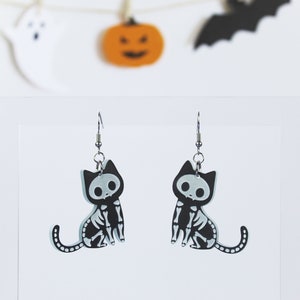 Glow in the Dark Cat Skeleton Earrings: Spooky Halloween Dangles