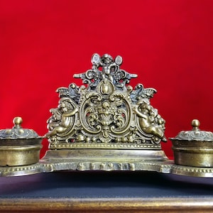 Antique Ornate Victorian Dual Inkwell Pen Holder and Letter Holder Brass