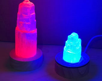 Personalized Selenite Crystal Lamp – Engraved Wood Base – RGB or White Light – Crystal Night Light – Meditation Gift Decor