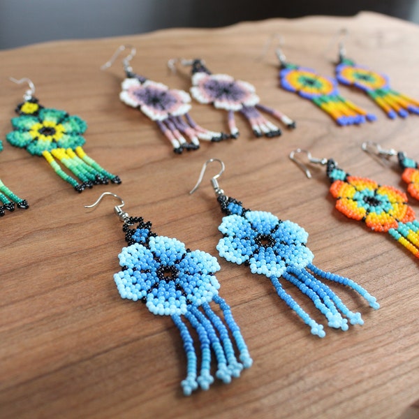 Beaded Earrings - Huichol Earrings - Boho Style Earrings - Flower Earrings - Dangly Earrings - Mexican Earrings - Floral Earrings - Tribal