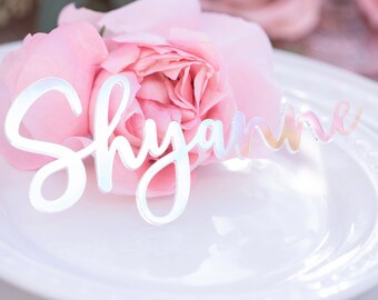 Set of 10 Custom Name Cutout iridescent holographic Acrylic place cards customizable laser cut place setting name