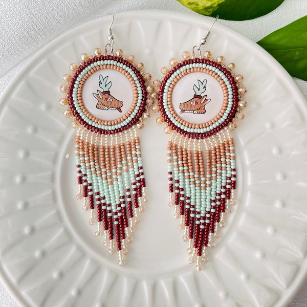 Mazatl Tonalpohualli Beaded Earrings, Deer Mexica Symbol Aztec Fringe Earrings, Aztec Ceremonial Regalia Adornment, Mazatl Indigenous Gift