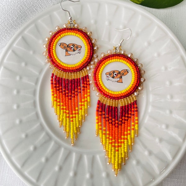 Ocelotl Tonalpohualli Beaded Earrings, Ocelot Mexica Aztec Fringe Earrings, Jaguar Aztec Ceremonial Regalia Adornments, Indigenous Gift