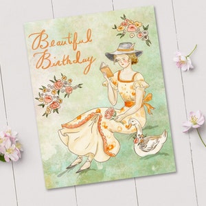 Geburtstagskarte Dame und Ente - Vintage Frau liest Aquarellmalerei, schöne Jane Austen feminine Geburtstagskarte für Freund