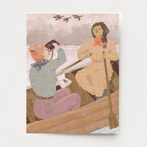 Birdwatching Women Card - Grußkarte für Freund im Freien Frau Geburtstag Vogelbeobachtung Natur Wald schöne wunderliche Malerei