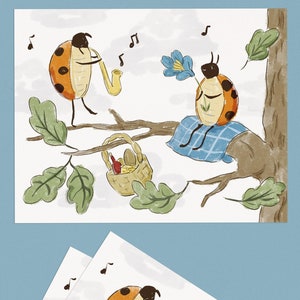 Ladybug Lovers Card - Valentine carte de voeux amour carte pique-nique bug mignon art aquarelle anniversaire