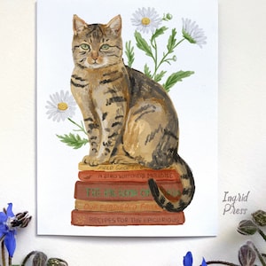 Book Cat Card - Wenskaart kat portret boek nerd kaart voor kat moeder kat dame bloemenkaart voor bibliothecaris boekhandel
