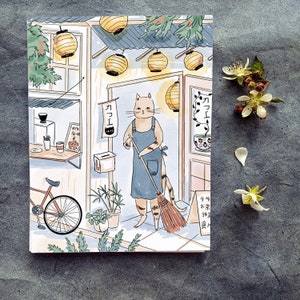Carte de chat de café - Penser à vous carte pour amoureux des chats aquarelle chat art minimaliste cadeau pour barista carte de café d'art de style japonais
