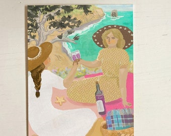 Wine Friends Card - Women thinking of you everyday card drinking wine ocean view painting birthday card sisters friendship