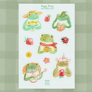 Happy Frog Sticker Sheet - Niedlicher Frosch, Cottage Kern Briefpapier, Gartenplaner, Geschenk für Gärtner, fröhlicher Spaß