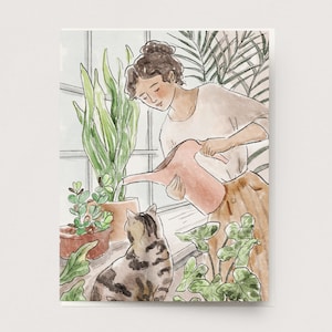 Fenster-Gartenkarte - Frau mit Katze und Zimmerpflanzen