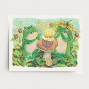 Frog Birthday Card - Whimsical greeting for friend, frog lover, mushroom art, gift for gardener, cute cottage core