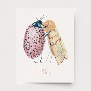 Bug Hugs Card - Love amitié carte de voeux coléoptère papillon peinture perte de sympathie insecte art mignon fantaisiste