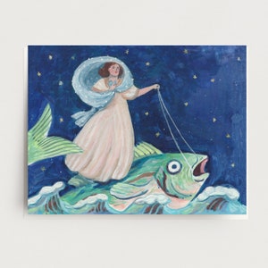 Mulher com cartão de peixe-cartão de incentivo inspiração céu oceano arte, presente de aniversário de menina pintura artística, luto perda luto
