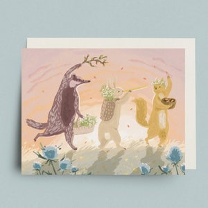 Frühling Tiere Karte - Wald Tier Grußkarte Blume niedlich Kinderzimmer Kunst Eichhörnchen Dachs Kaninchen Natur
