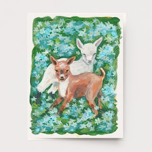 Wildflower Goats Card - Papeterie botanique, cadeau pour les jardiniers, art inspiré de la nature, bébés chèvres, peinture de jardin, illustration d'animaux de ferme