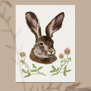 Rabbit Portrait Card - Dieren schilderij wenskaart, bos geïnspireerde dieren in het wild illustratie, botanische konijnenkunst