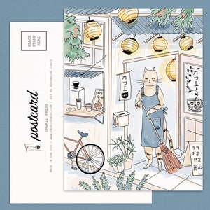 Cafe Cat 10 Postcards - Gift for coffee lover, tea house watercolor cat art, gift cat lover japanese art