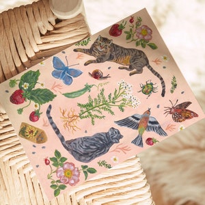 Cartão de jardim de gato - cartão de felicitações inspirado na natureza para amantes de gatos, ilustração de vida selvagem, cartão de observação de pássaros, jardineiro