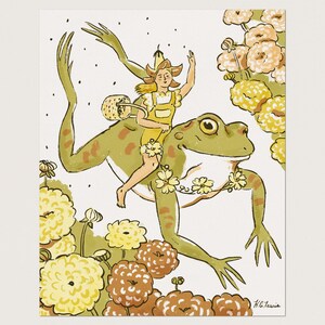 Frog And Fairy Print 8x10 - Arte de hadas inspirado en la naturaleza, artista pintando decoración mágica de vivero caprichoso, regalo de núcleo de cabaña de bosque