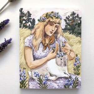 Cartão Mulher e Coelho - Cartão de aniversário para amiga, lindo cartão feminino inspirado na natureza, lindas flores florais de jardim